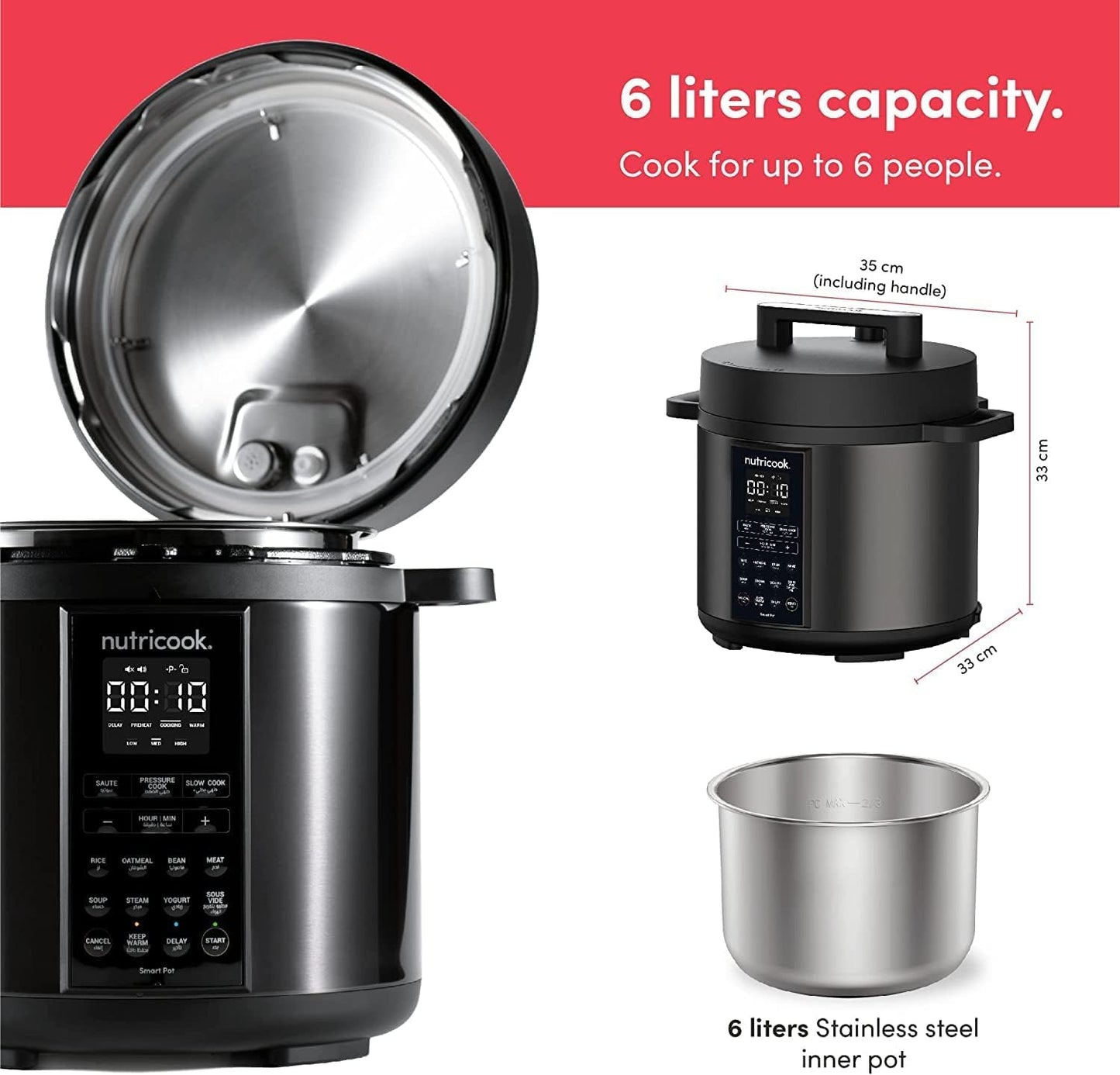 Nutricook Stainless Steel Smart Pot 2, 9 In 1 Instant Programmable Electric Pressure Cooker, 6 Litre