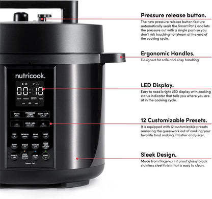 Nutricook Stainless Steel Smart Pot 2, 9 In 1 Instant Programmable Electric Pressure Cooker, 6 Litre