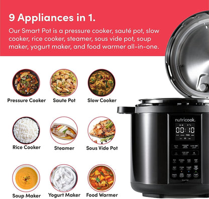 Nutricook Stainless Steel Smart Pot 2, 9 In 1 Instant Programmable Electric Pressure Cooker, 6 Litre